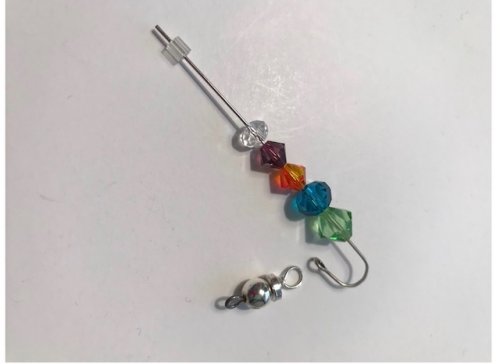 Nancy Chase's Ear Candy Ear Pin - , Contemporary Wire Jewelry, Loops, Wire Loop, Wrapped Wire Loop, Beads, Thread the peridot bead, then the blue, lt.